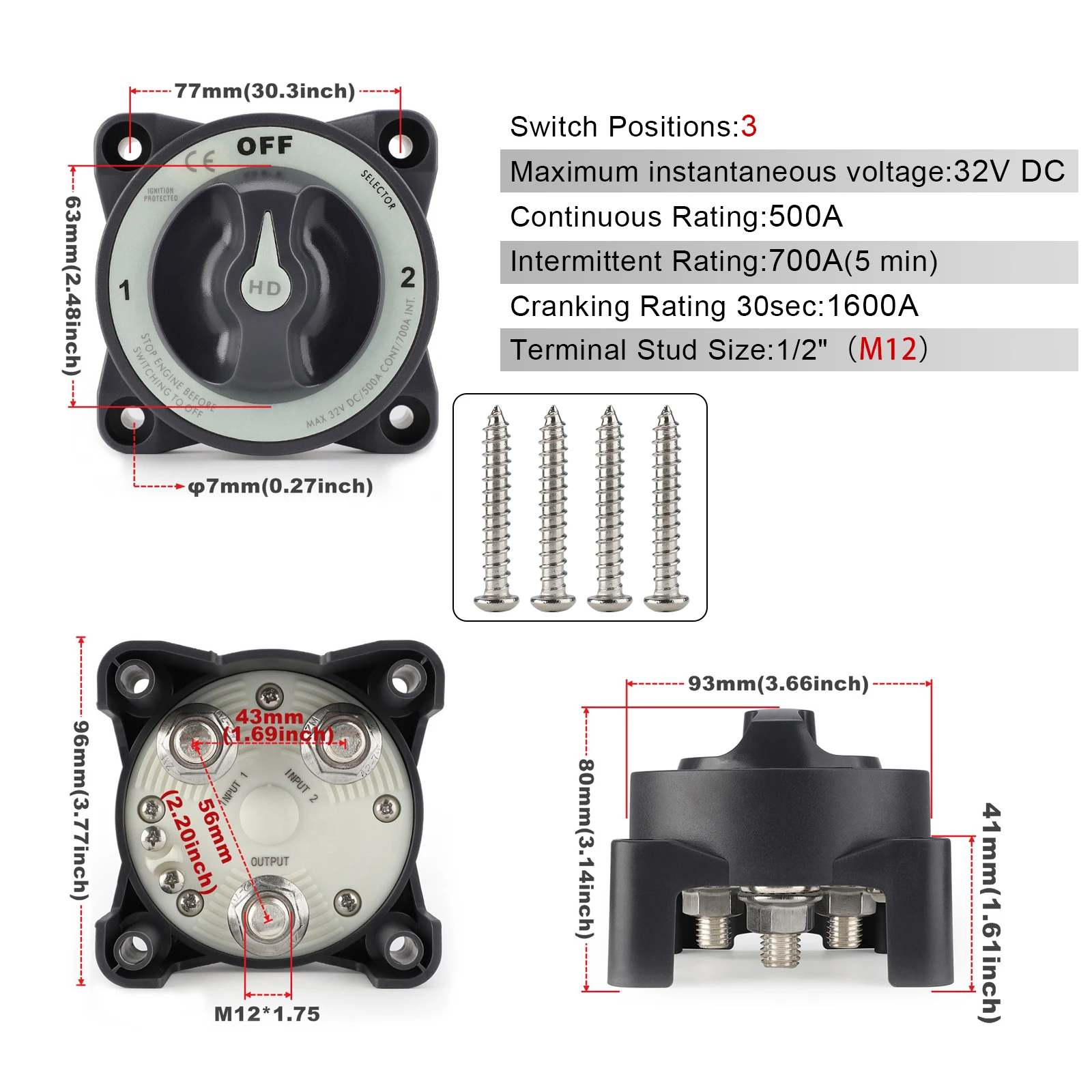 

AFD 3-позиционный переключатель аккумулятора 32 в 500 А, поворотный переключатель аккумулятора, изоляторы, переключатель генератора, поворотный разъем M12 Stud HD-Series