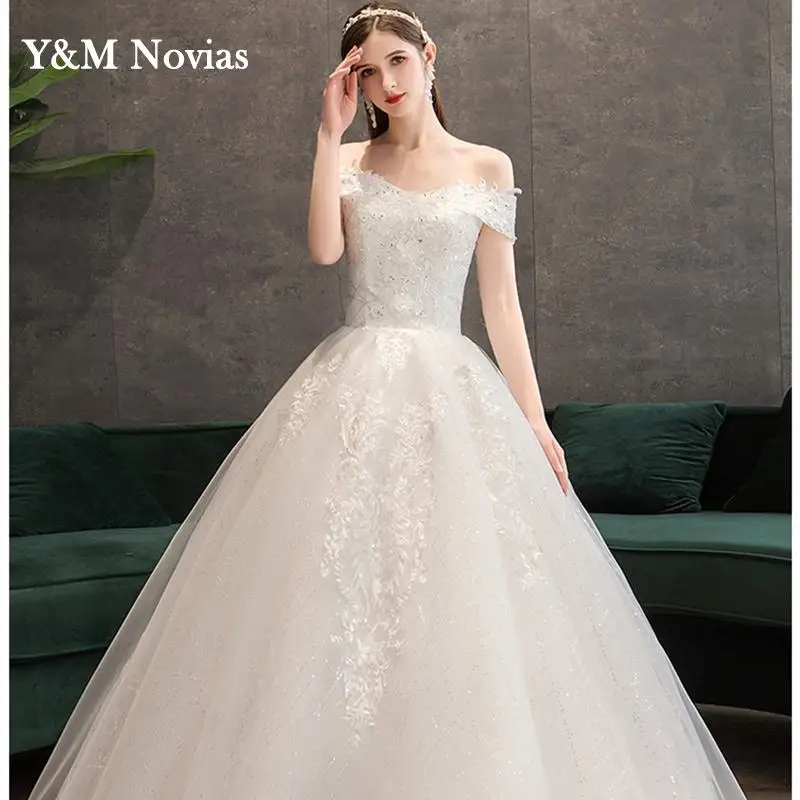 Spitze Pailletten Licht Hochzeit Kleider 2020 Vestido Noiva Tul Boot-ausschnitt weg von der schulter Neue stil Robe Mariage Braut Ball-kleider
