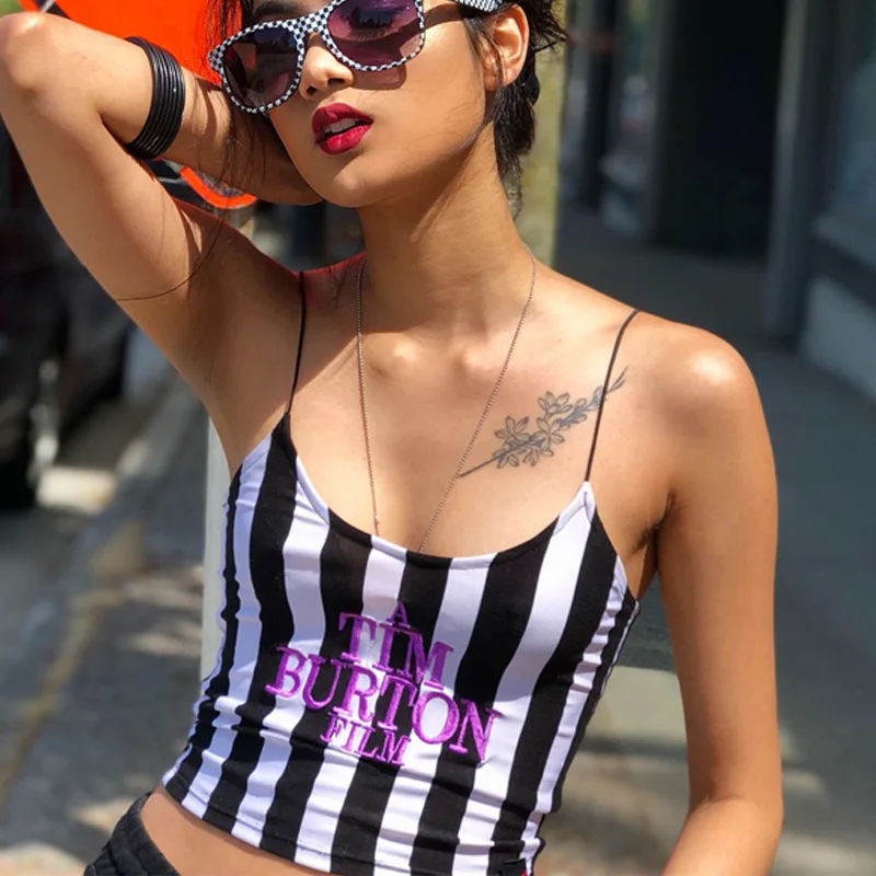 

CJFHJE Spaghetti Straps Stripe Letters Embroidery Slash Neck Sexy Crop Tops 2022 Summer Women Fashion Casual Camis