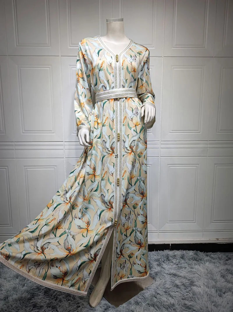 Floral Abaya Gulf Jalabiya for Women Belted Braided Trimming Printed Moroccan Kaftan Evening Gown Ramadan Eid Muslim Dubai Abaya