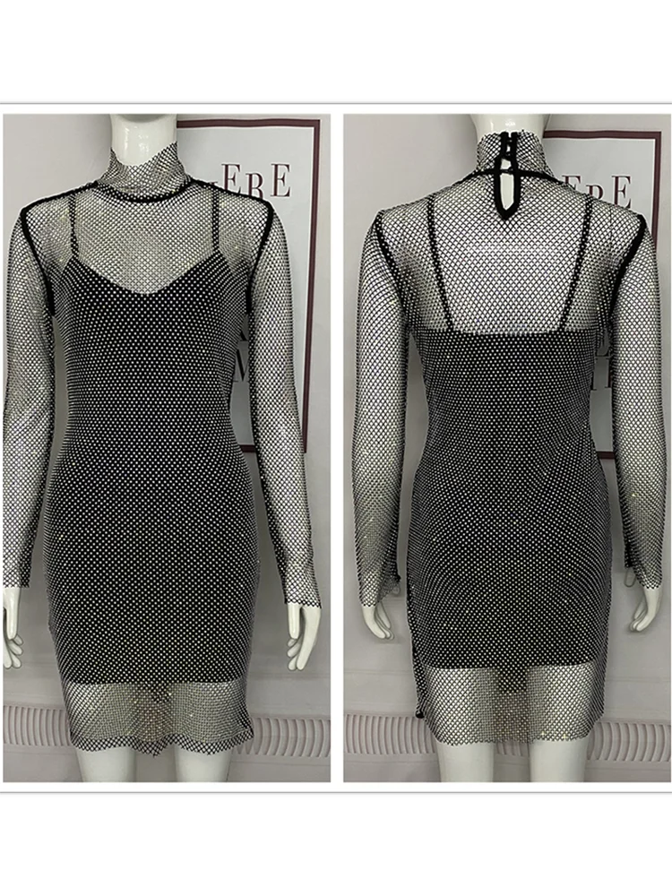 Соблазнительное черное Сетчатое Бандажное платье из 2 частей с бриллиантами