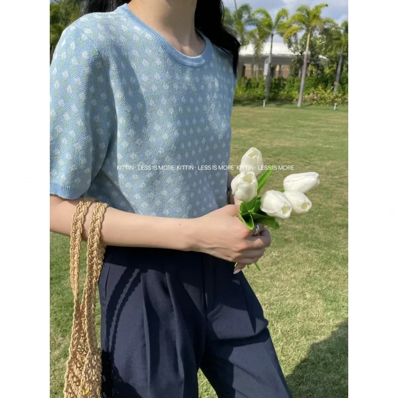 

Thin Short Sleeve Floral Knit Sweater Top Women's