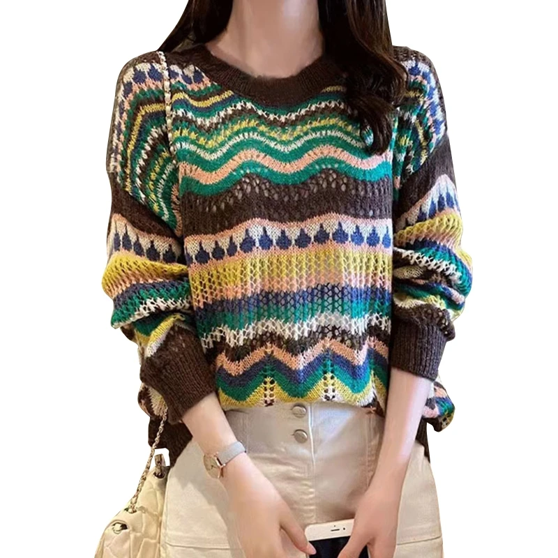 

Women Crochet Pullovers Sweater Ethnic Long Sleeve Stripe Hollow Out Knit Shirts Aesthetic Y2k Blouse Vintage Streetwear