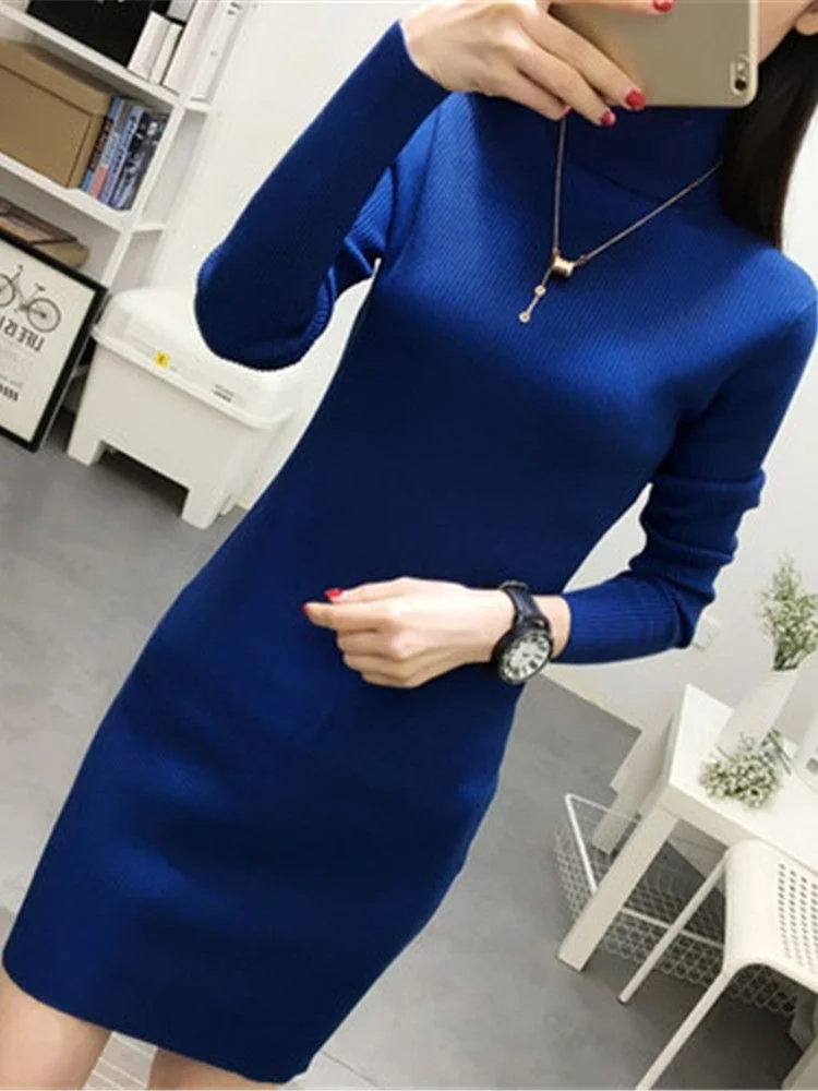 

2023 Spring Autumn New Women Slim Turtleneck Sweater Dress Warm padded Ladies Knit Pullovers Sexy stretch Female Long Sweaters