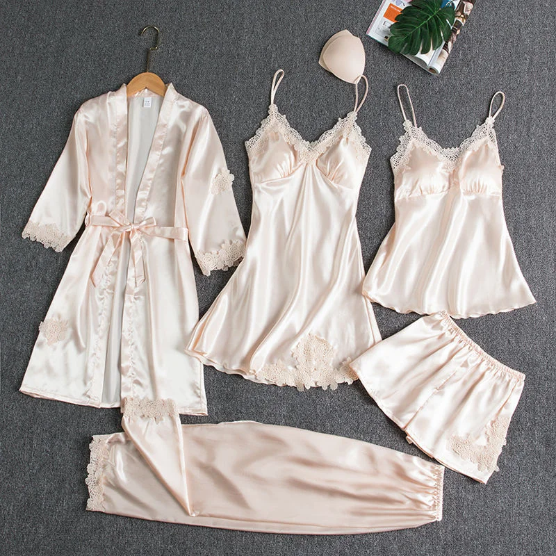 2022 Female Pajamas Set 5pcs Sleepwear Sexy Lace Comfortable Sleepwear Loungewear For Women Lady Female Pajamas Set Comfortable