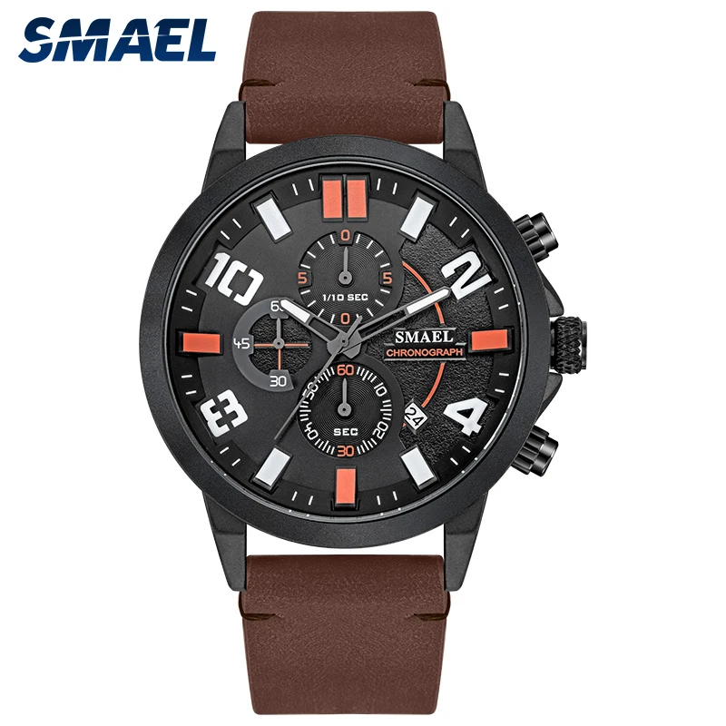 

SMAEL 2021 New Arrival Sport MEN WATCH Leather Strap Fashion Quartz Wristwatch Male Casual Military Sport Watch Men 9095