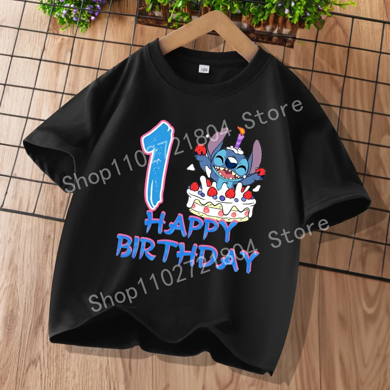 Stitch Disney Number T-shirt Short Sleeve Cotton Boys Birthday Clothes Cute Cartoon Round Neck Shirts Anime Stich Hip Hop Tops