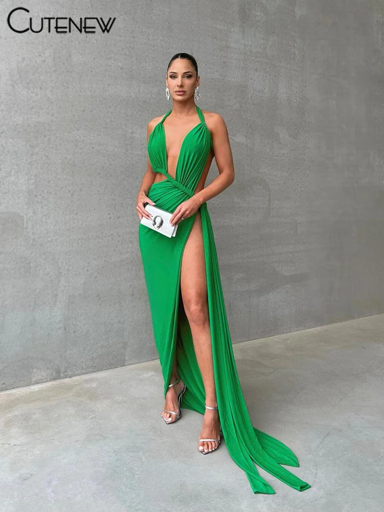 

Cutenew Elegant Maxi Dress Women Fashion Hollow Out Sexy Halter Backless Lady Long Dresses Girls Robe Party High Streetwear New