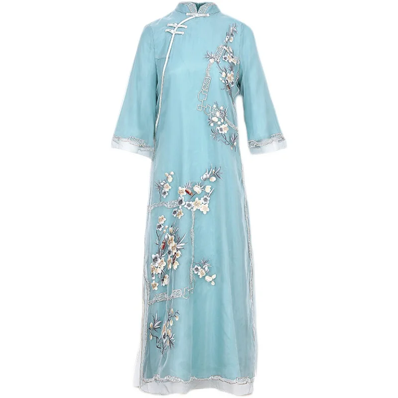 

High-end Spring Summer Women Organza Dress Cheongsam Retro Elegant Embroidery 3/4 Sleeve A-line Lady Party Qipao Dress S-XXL