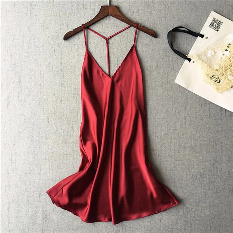 

Sexy Night Dress Deep V Sleepwear Women Silk Satin Nightgown Heigh Quality Spaghetti Strap Nightwear For Female