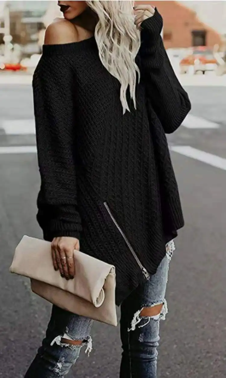 

2022 autumn women's new street fashion knit sweater zipper bat sleeve strapless sweater women female casual tops