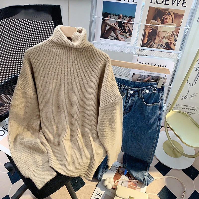 

Женский Однотонный свитер-водолазка с рукавами-фонариками