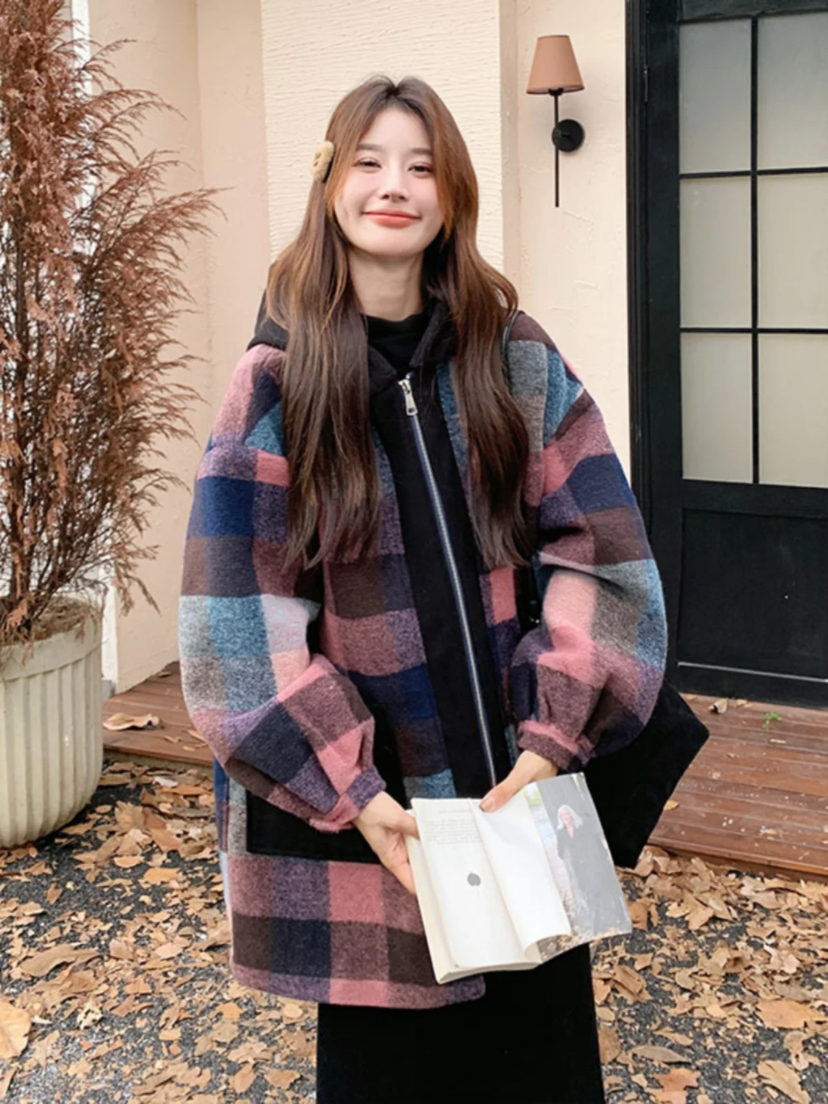 Уникальное супер красивое цветное шерстяное пальто в клетку для женщин зима 2024