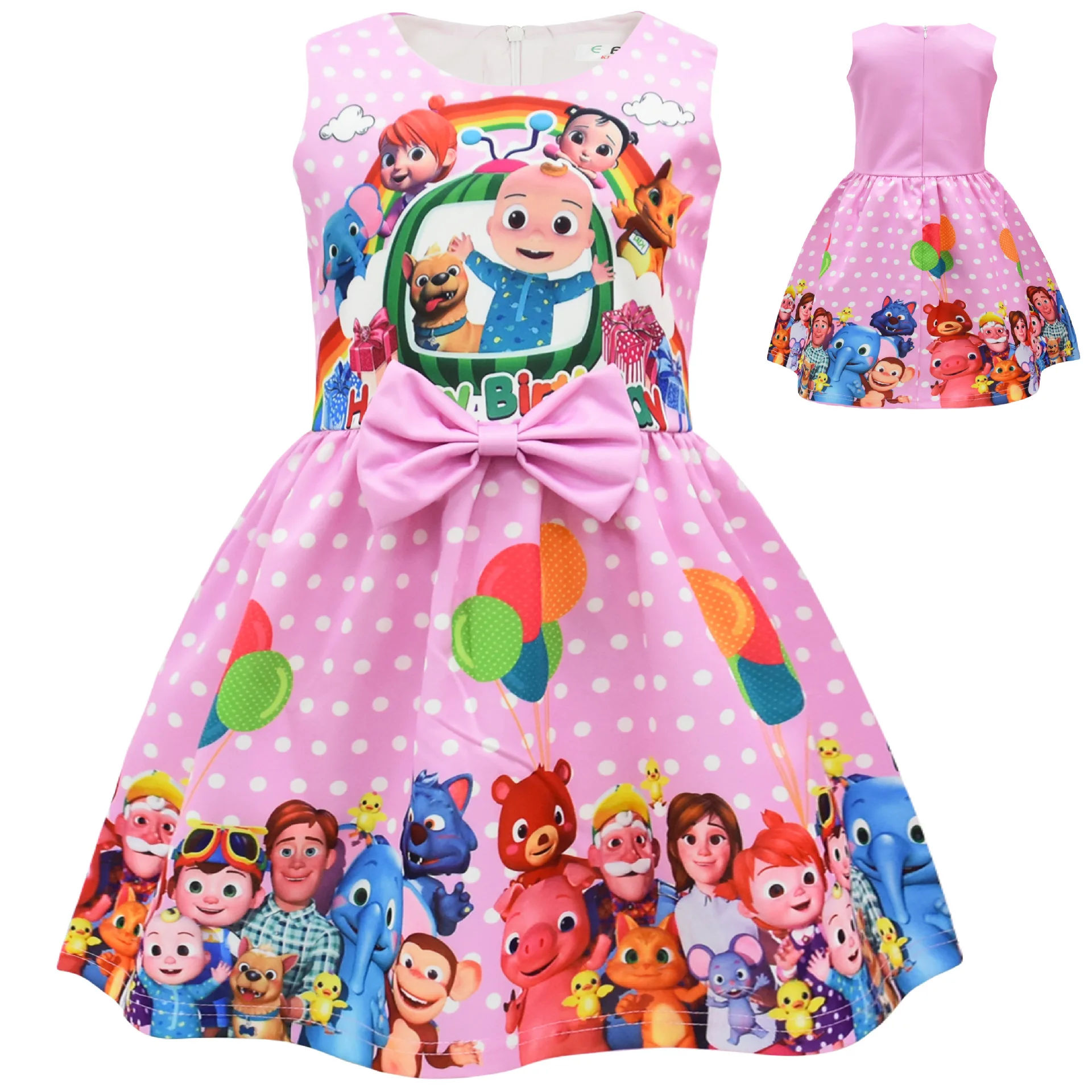 Summer Charm Girls Cartoon Cocomeloned Print Dress Kids Bow Sleeveless Birthday Party Princess Dress Cosplay Costumes