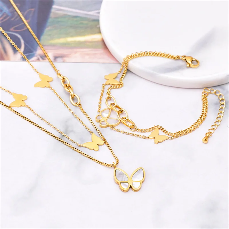 

Stainless Steel Butterfly Bracelet Jewelry For Women Shell Gold Color Double Chain Bracelets Accessories Gift Pulseras Mujer