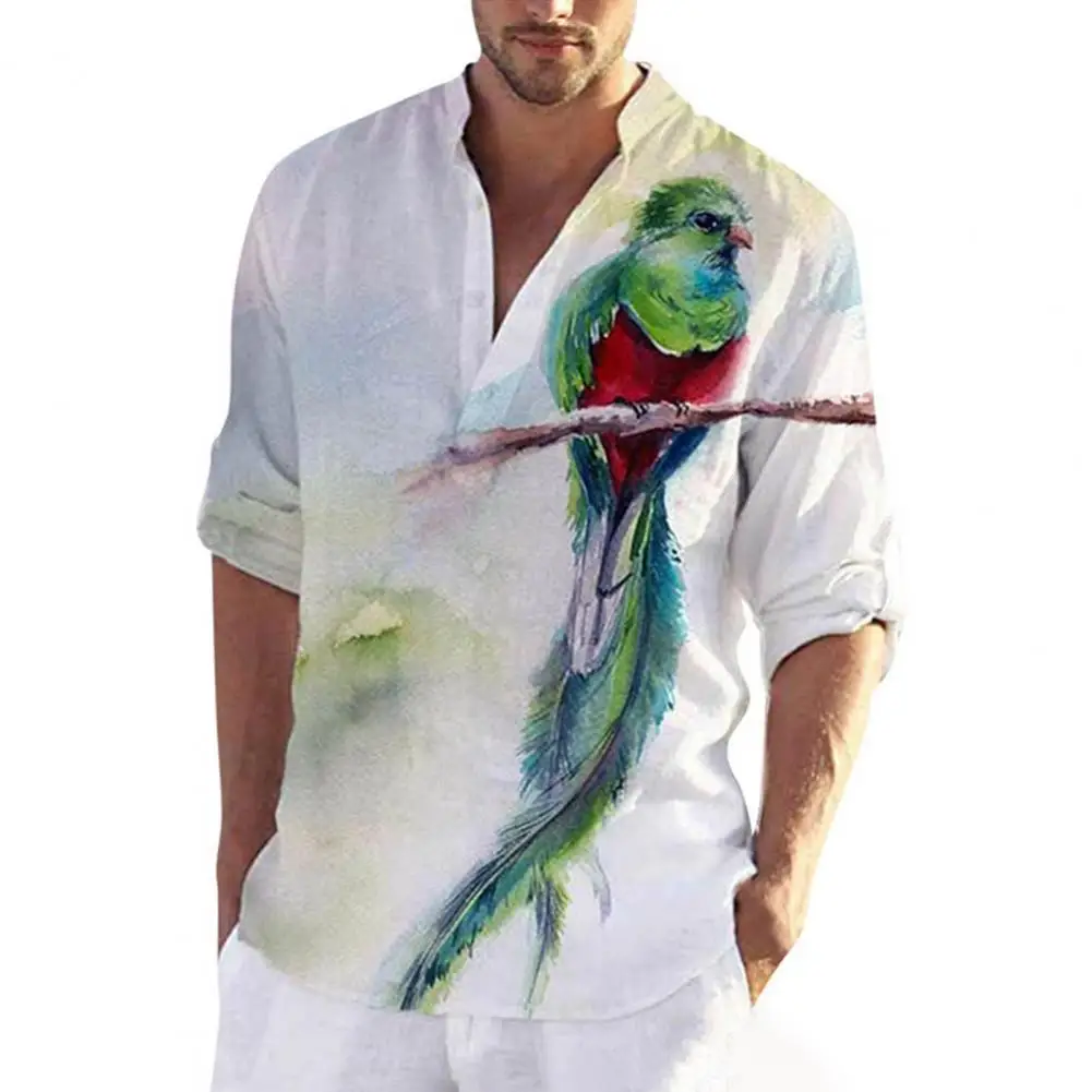 

Floral Animal Print Men Shirt Half Sleeve Chinese Style Single-breasted Stand Collar Summer Shirt Men Top