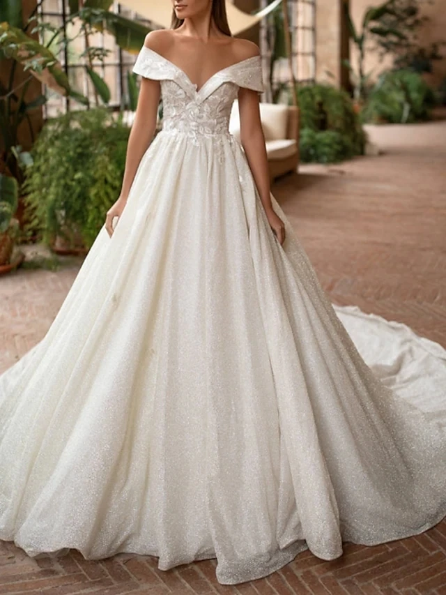 

Long A-Line Wedding Dresses Off Shoulder Court Train Lace Tulle Short Sleeve Country Illusion Detail with Draping