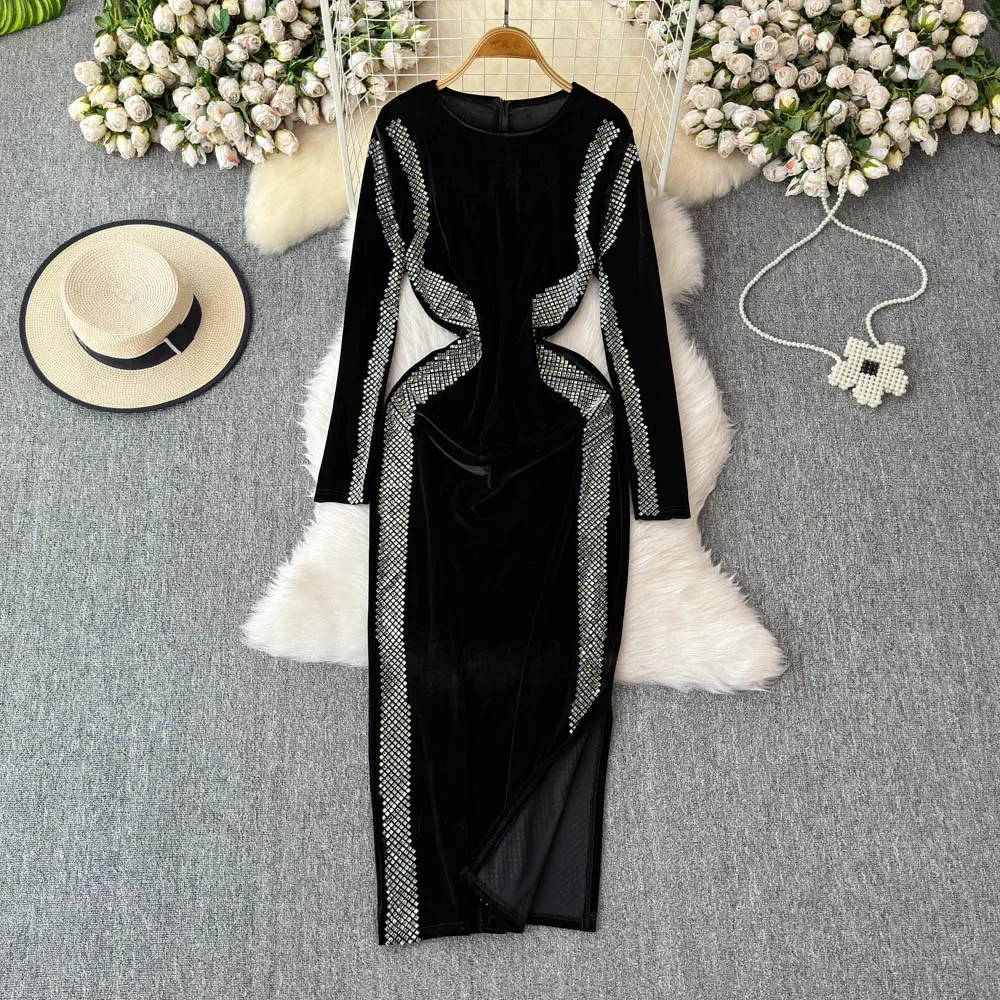 Женское винтажное платье-карандаш с длинными рукавами и круглым вырезом