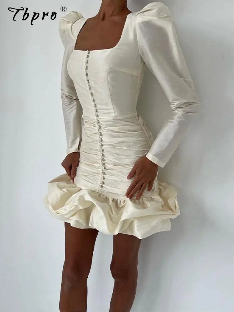 

Плиссированные мини-платья с оборками для женщин, Новинка осени 2023, платье-мини с буффами и длинным рукавом, с воротником-стойкой и оборками, женское платье, Клубное платье
