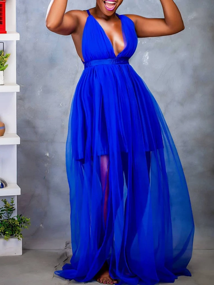 

Blue Retro Solid Color Bikini Cover-ups Sexy Cross Open Back Sleeveless Summer Dress Women Beach Wear Swim Suit Cover Up