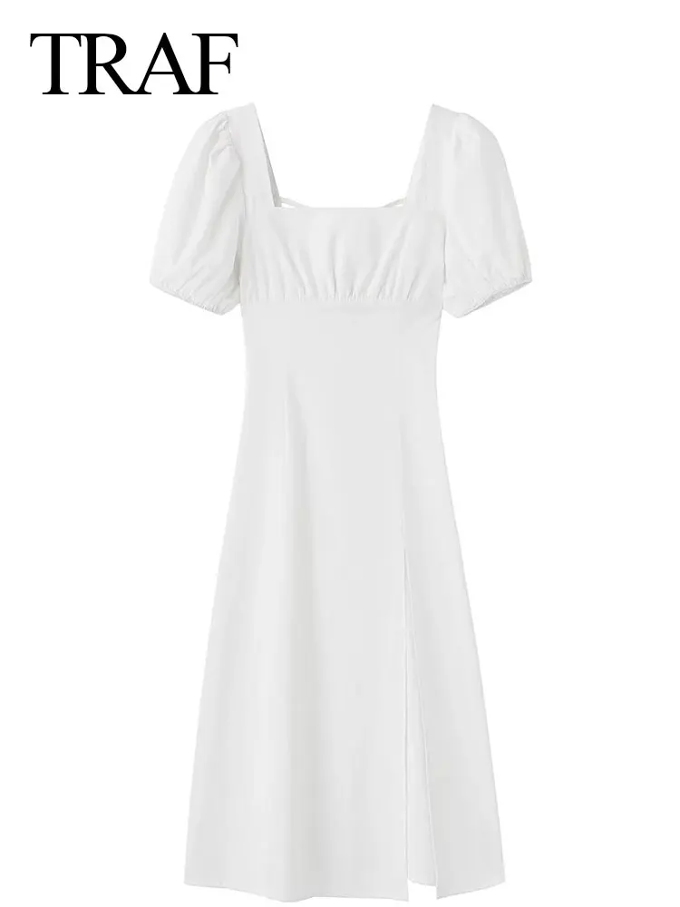 

TRAF Women's Fashion Trend Puff Sleeve Dress Solid White Slim Sexy Side Slit Open Back Strap Cross Party Commuter Midi Dress