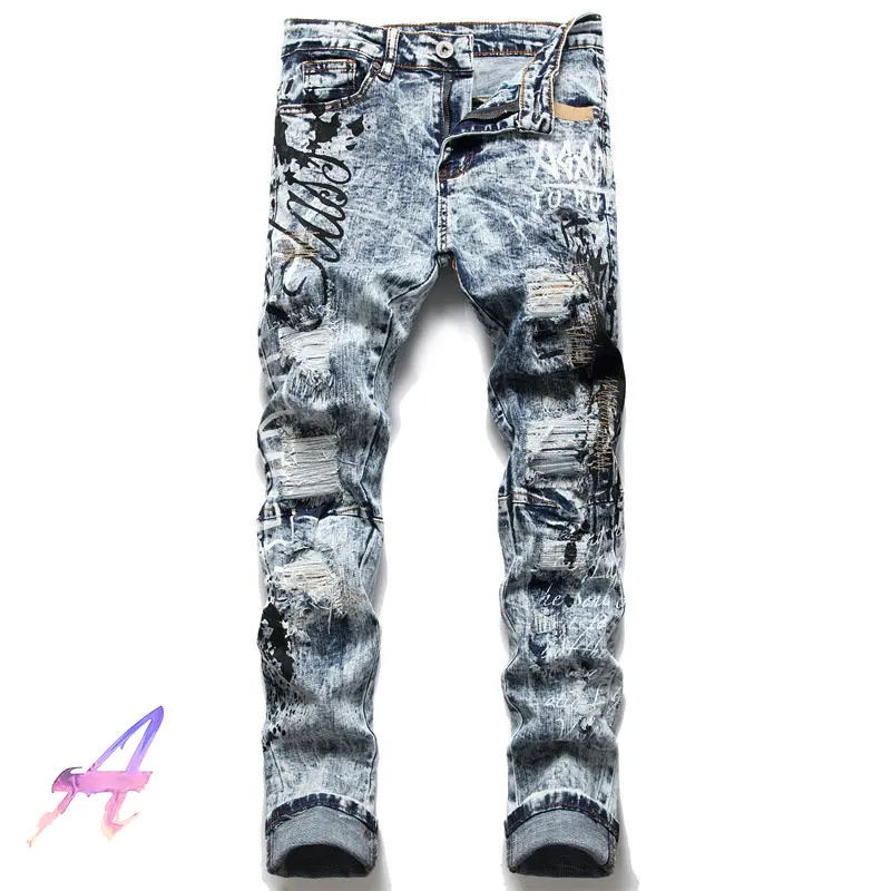 

Men's Slim Fit Straight Pants Micro Stretch Letter Print Ripped Heavy Craft Jeans Streetwear