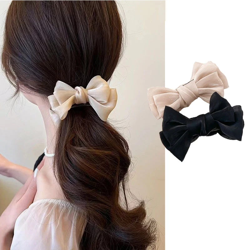 

Elegant Bow Hair Clip Fashion 2023 Silk Champagne Black Ponytail Holder Hair Claw Hairpin Women Headdress Haarclip Dames