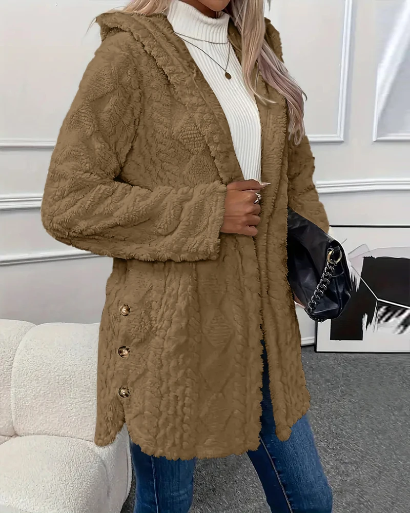 Женское флисовое пальто с капюшоном и пуговицами