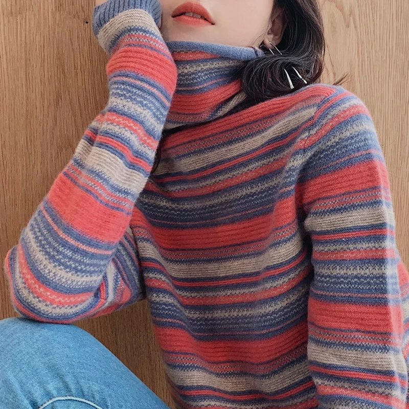 

Turtleneck Cotton Sweater women jumper 2022 autumn winter stripe jersey mujer sweter robe pull femme hiver pullover sweater