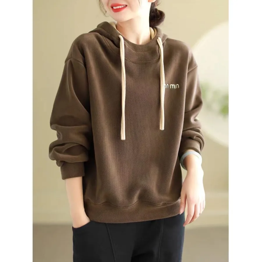 Hoodie Women Loose BF Idle Sle Plus size 2024 Autumn and Winter Double-sided Oli Velvet Hood Thickened Shirt Outerwear Top