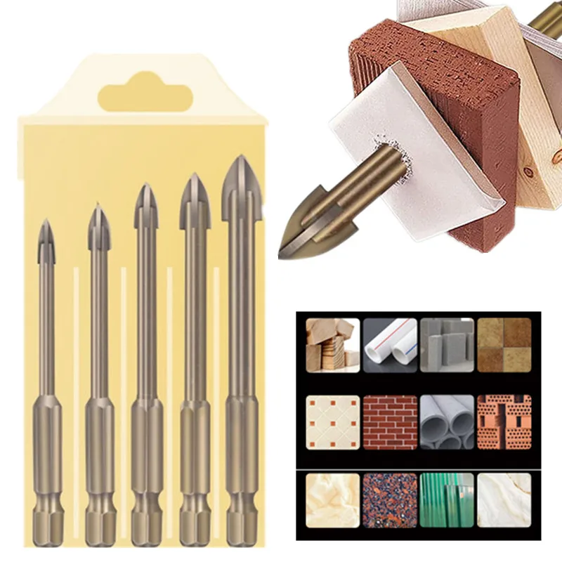 

5/6Pcs Cemented Carbide Cross Hex Tile Glass Ceramic Drill Bits Set Efficient Universal Drilling Tool Hole Opener for Wall Wood