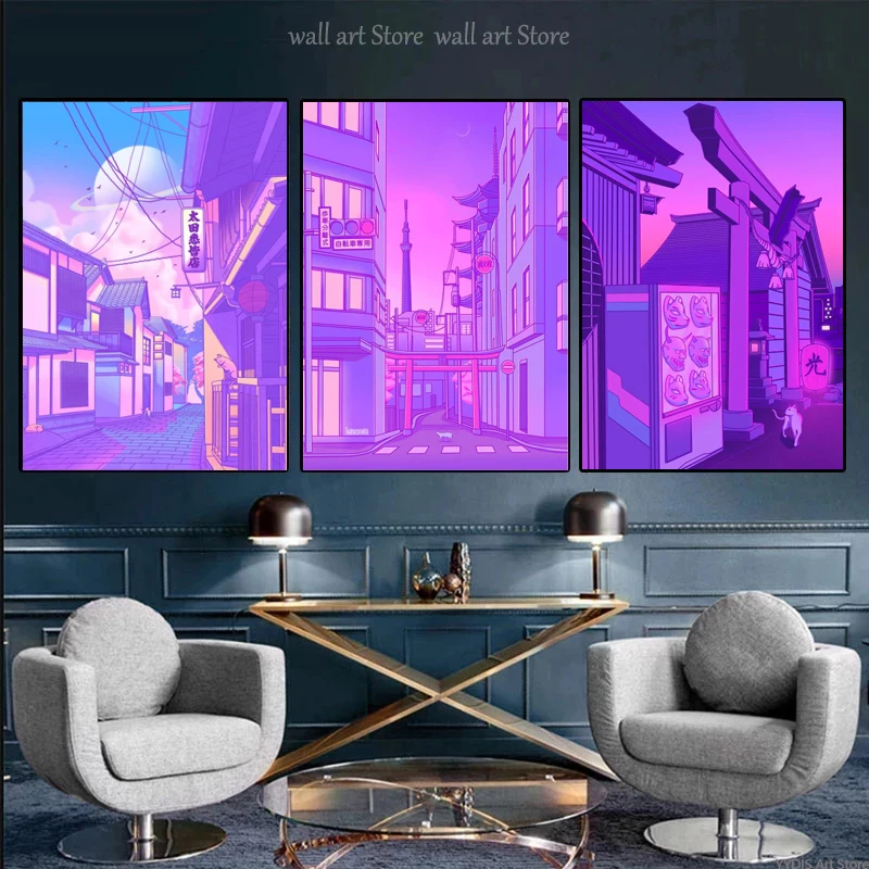 Постер Ночной город в стиле поп киоту башня Осака городская улица полуночная