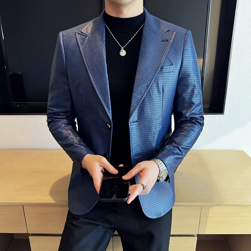 High-Grade Pu Shuai Leather Suit Men's 2024 New Plaid Outerwear Trendy Korean Sle Slim fit Business Casual Jacket