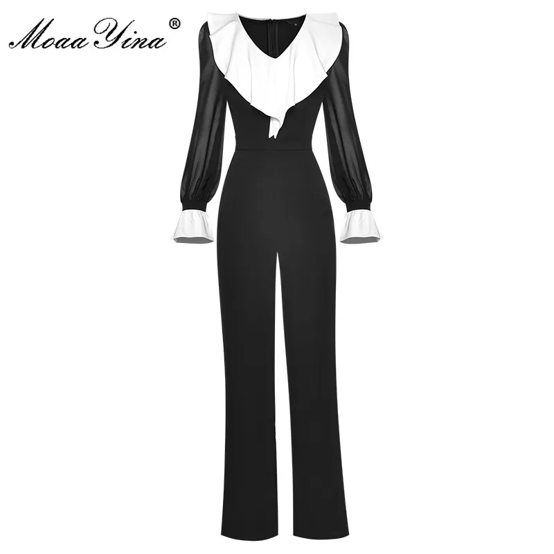 MoaaYina Designer 2022 Summer Women's Office Casual Jumpsuits V-neck Ruffles Long sleeve Balck Flare Pants High Waist Jumpsuit