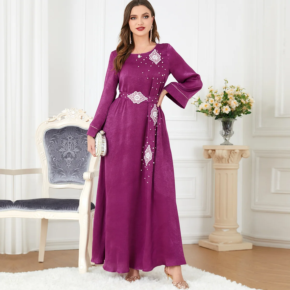 Beaded Abaya Arabic Long Dress for WomenRamadan Eid Belted Elegant Muslim Moroccan Kaftan Dubai Gulf Jalabiiya Islamic Clothing