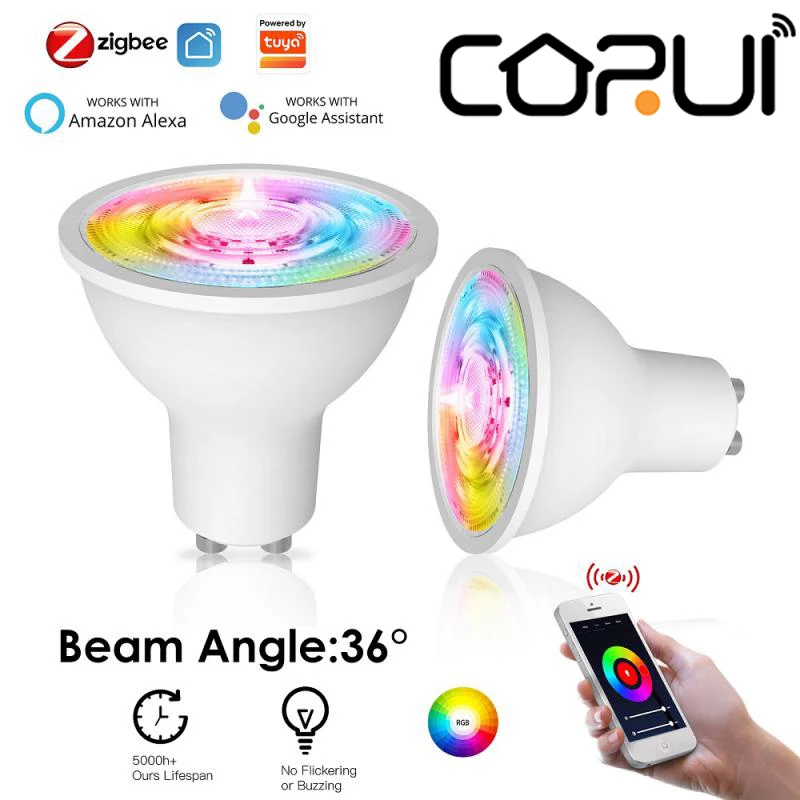 

CoRui Tuya Smart Zigbee GU10 Light Bulb Dimmable Spotlight RGB+CCT 90-240V 5W Voice Control Via Alexa Google Home Yandex Alice