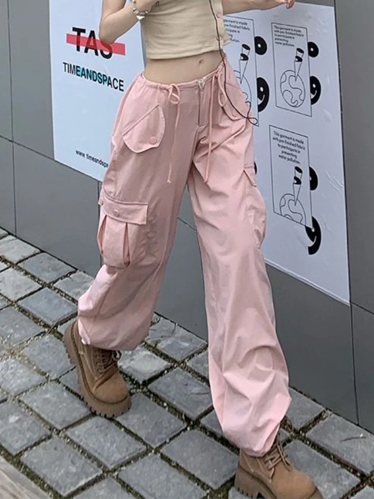

High Waist Drawstring Loose Thin Comfortable Cargo Pants Casual High Street Hip Hop Grunge Pockets Chic Fashion Pants Streetwear