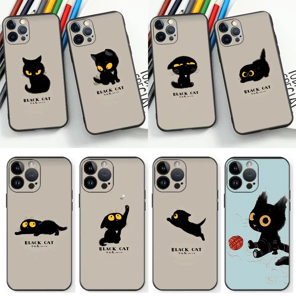 

Soft TPU Case For IPhone 14 11 12 13 PRO MAX Apple 6 7 6S 8 SE Plus X XR XS MAX 11 12 13 Silicone Capa Cartoon Little Black Cat