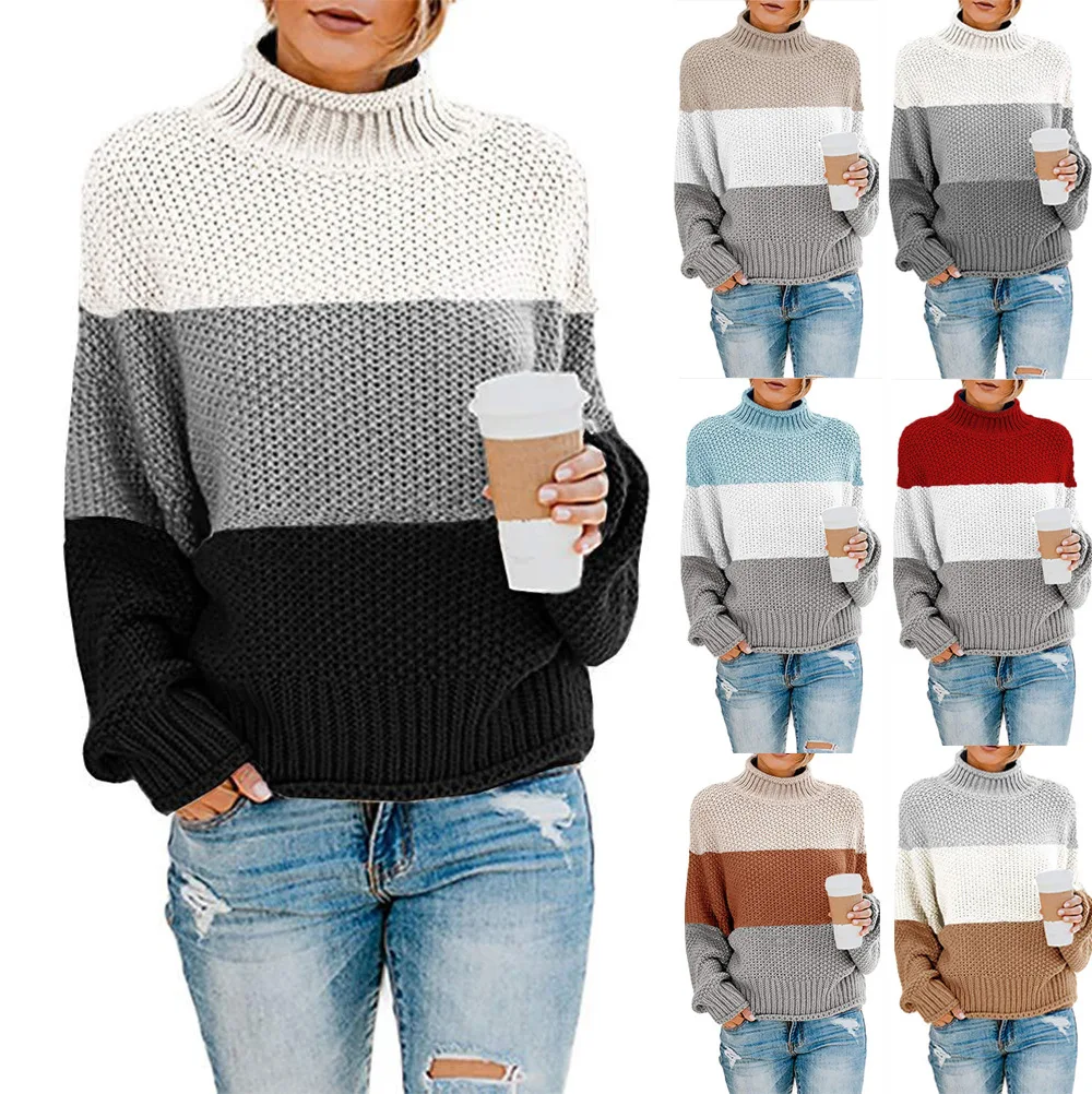 

Autumn and Winter New Sweater Women's Color Matching High Collar Pullover Sweaters Female Lady Casual All-match Long Sleeve Tops