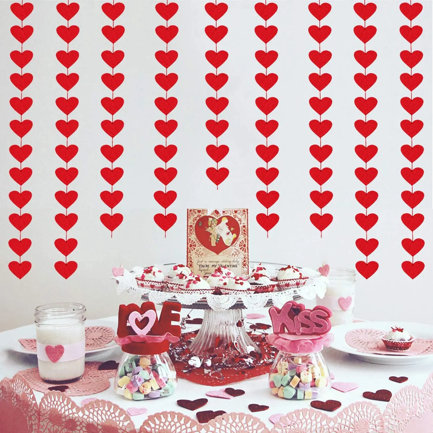 

16pcs Red Hearts Felt Garland Valentines Day Hanging String Garland Decorations Wedding Anniversary Birthday Party Supplies