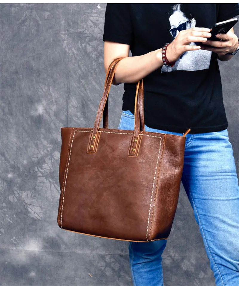 Fashion vintage high quality genuine leather men's tote bag real cowhide large capacity handbag luxury big laptop shoulder bag