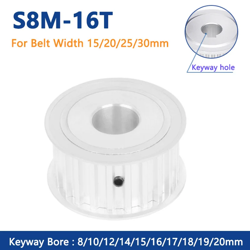 

16T S8M Timing Pulley Keyway Bore 8 10 12 14 15 16 17 18 19 20mm 16 Teeth Synchronous Wheel for Belt Width 15/20/25/30mm AF Type