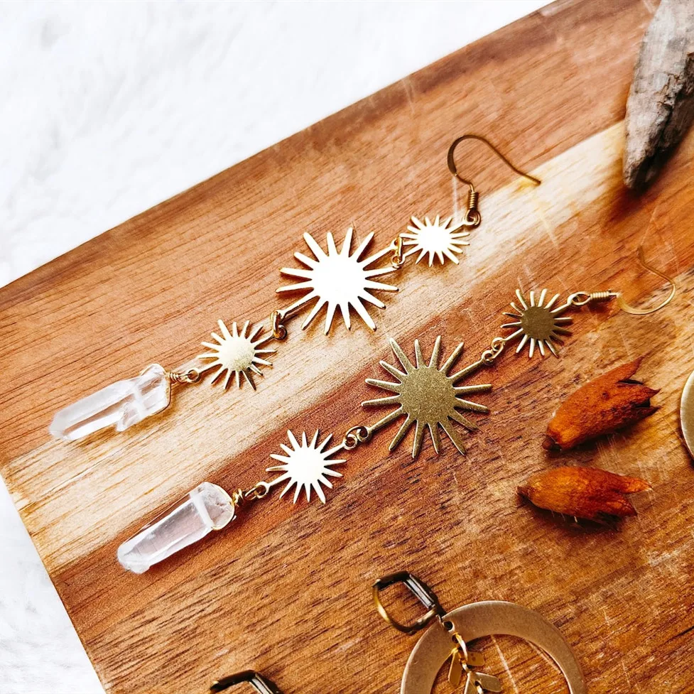 

Raw Quartz Crystal Earrings, Crescent Moon,Moon and Star earrings,Hippie Boho Witchy Festival Jewelry, Christmas Present For Her