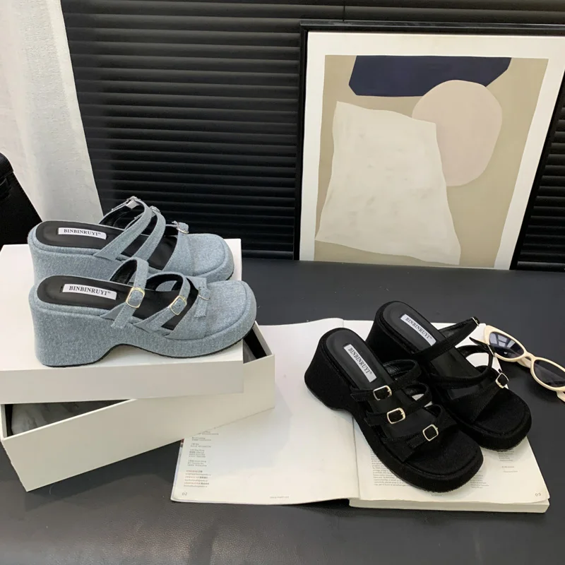 Женские шлепанцы на блочном каблуке синие джинсовые сандалии платформе летние