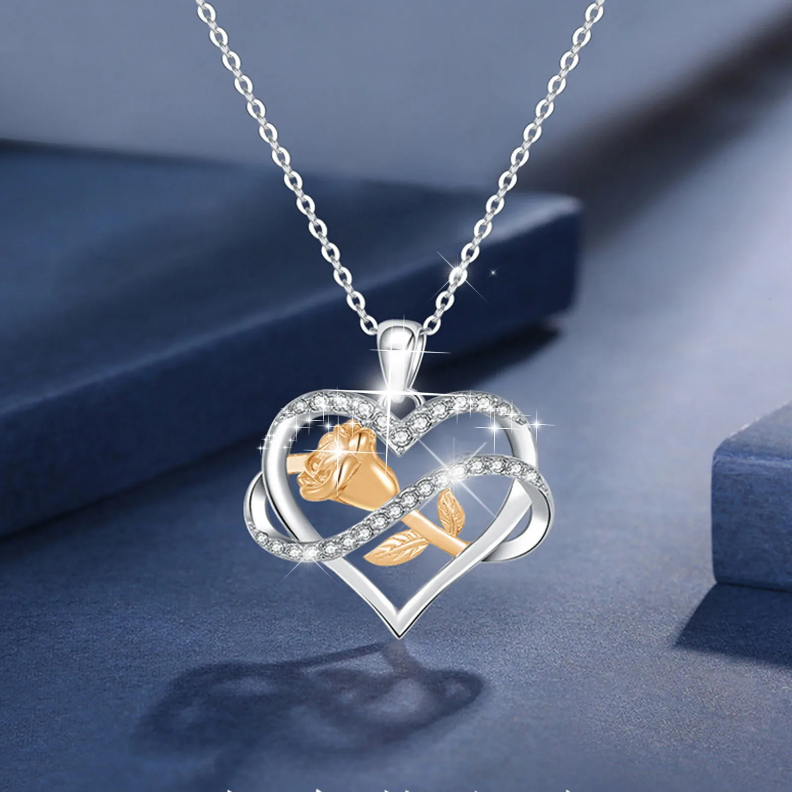 

Rose Love Necklace Flower Heart Zircon Necklaces Crystal Chain Jewelry For Women Girls Heart Pendant Necklace Rose Gold Necklace