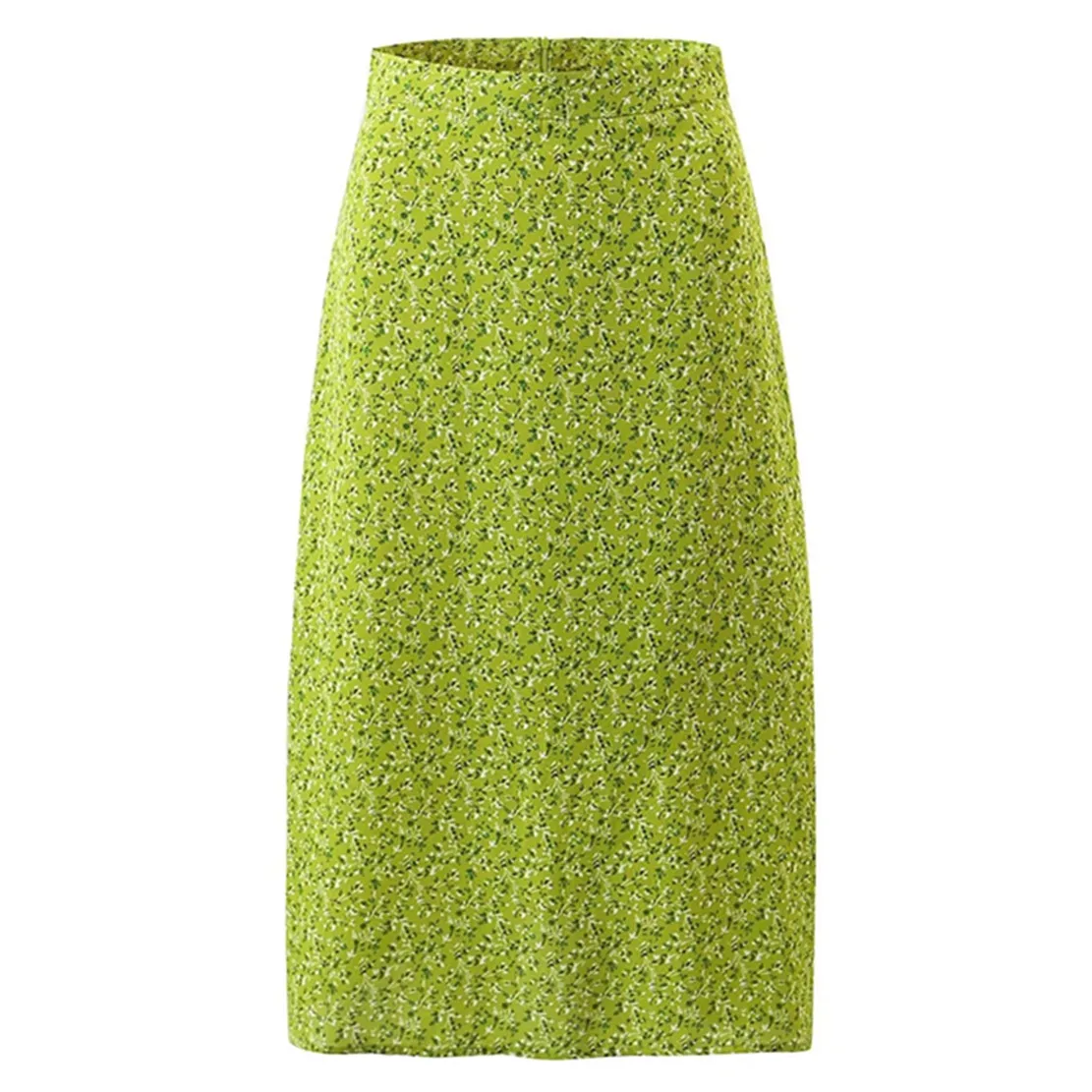 

Maxdutti French Style Fashion Vintage Grass Green Small Floral Print Midi Skirts Women Straight Long Skirt