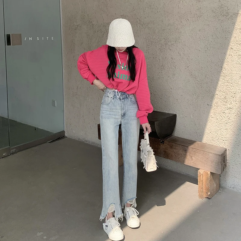 

DD2665 New style washed and worn-out design light-colored high-waisted loose straight-leg pants jeans