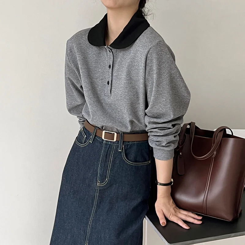 

Polo Collar Color Contrast Long Sleeve Women Sweatshirts 2022 Autumn New Button Design Casual Soft Pullovers Female Gray Tops