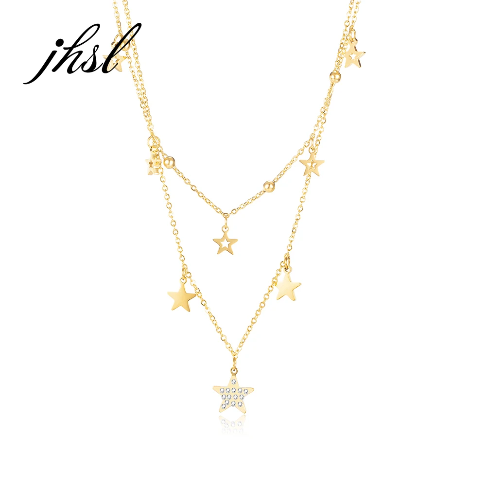 

JHSL Children Girl's Women Layered Necklaces Star Pendants Stainless Steel Chain Silver Gold Color Fashion Party Jewelry