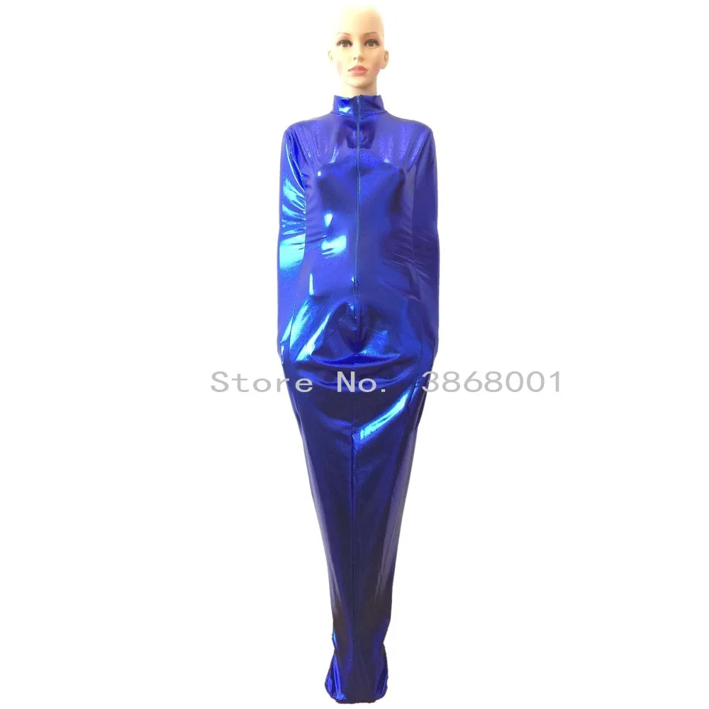 

Unisex Mummy Costumes Body Bags With internal Arm Sleeves Blue Shiny Metallic Sleeping Bag Sexy Catsuit Halloween Cosplay suit